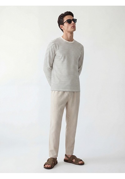 Lcw Vision Ekru Bisiklet Yaka Çizgili Erkek Sweatshirt
