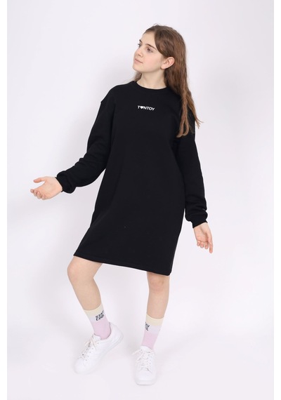 Toontoy Kız Çocuk Baskılı Oversize Bisiklet Yaka Uzun Kollu Elbise - Siyah