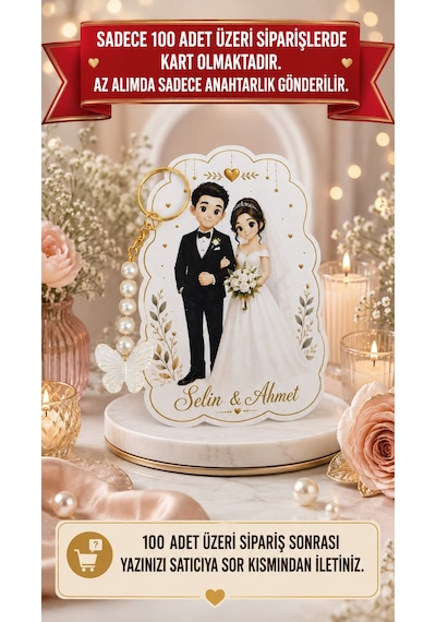 10 Adet Gelin & Damat Konsept Kelebek Anahtarlık - Nişan Hediye - Kına Hediye - Nikah 8,5x12cm