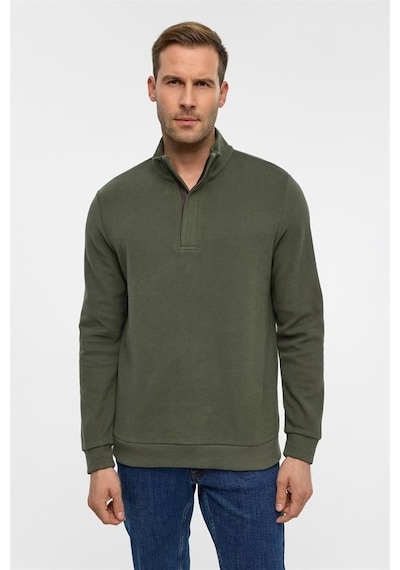 Süvari Haki Regular Düz Polo Yaka Sweatshirt Haki