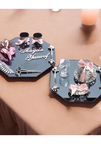 Affinity Sekizgen Gümüş Söz Ve Nişan Tepsisi İle Damat Kahve Fincan Tepsisi Pembe Pembe