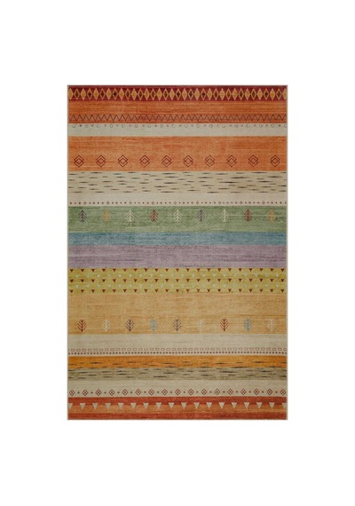Etnik Kilim Desenli Pamuk Taban Yıkanabilir Baskılı Halı Turuncu