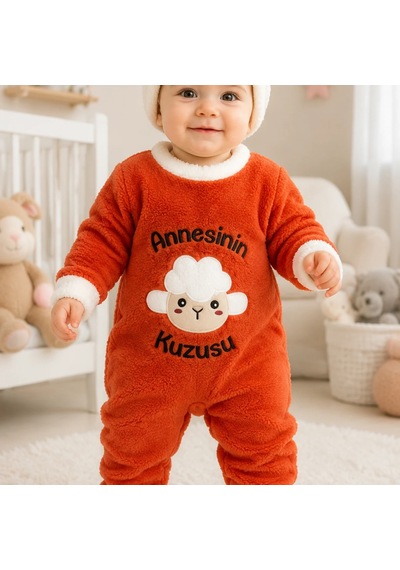 Candar Annesinin Kuzusu Nakışlı Kuzu Tüylü Kız Erkek Bebek Tulumu Alttan Çıtçıtlı 3-6-9-12 Ay Turuncu