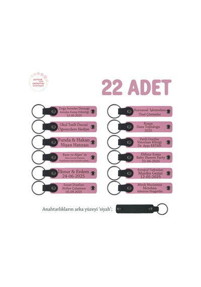 Pembe & Siyah, Bebek Diş Buğdayı Kutlaması İçin 22'li Set, Kişiye Özgü Yazılı Hatıra Deri Anahtarlık