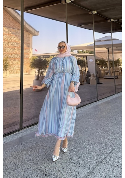 Riella Butik Nelia Düğme Detaylı Balon Kol Tesettür Elbise Mavi