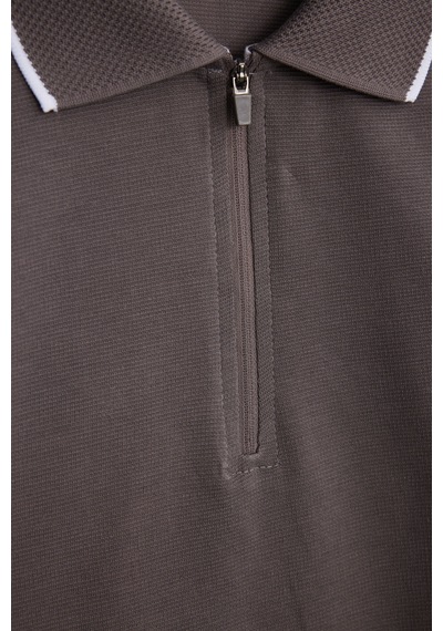 Tudors Erkek Slim Fit Dar Kesim %100 Pamuk Jakarlı Düz Yaka Ve Kol Detaylı Gri Polo Yaka Tişört-50216