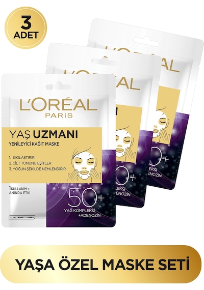 L'Oreal Paris Yaş Uzmanı 50+ Yenileyici Kağıt Yüz Maskesi 3'Lü