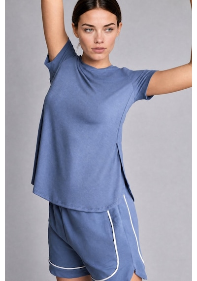 Defacto Yan Yırtmaçlı Long Fit Bisiklet Yaka Kısa Kollu Sporcu Tişört G0779ax26aube364 Mavi-be364