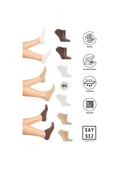 Saysez Bambu Kadın Sneaker Beyaz-kahve-bej Çorap Dikişsiz Görünmez Bilekte Spor Çorap Premium 6'lı Paket Renkli