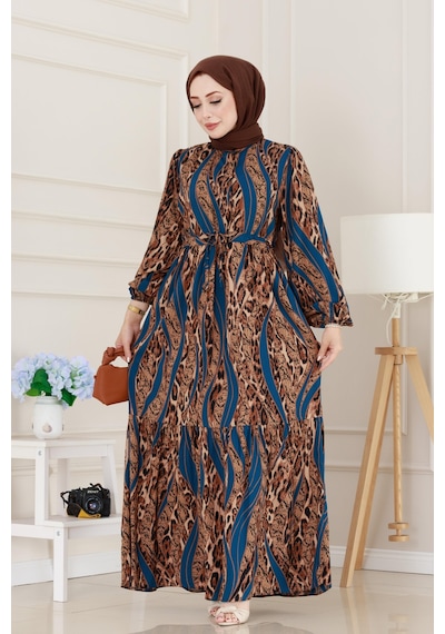 Sevitli Leopar Desenli Beli Tünelli Viscon Elbise-mavi-5089 Mavi