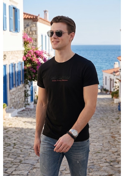 Buratti Pamuklu Slim Fit Bisiklet Yaka Yazılı Erkek T Shirt 541Enjoy Siyah