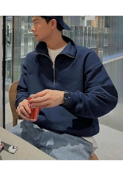 Kozia Outdoors Dik Yakalı Fermuarlı Oversize Unisex Sweatshirt Lacivert