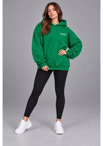 Genel Markalar Unisex Oversize Pikeli Double Face Kapüşonlu Sweatshirt Yeşil