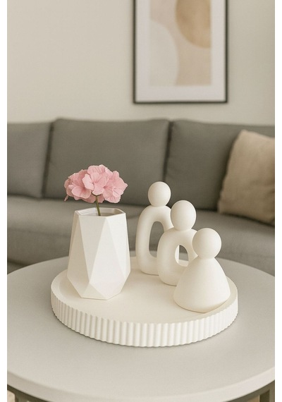 Aile Figürlü Dekoratif Set Modern Beyaz Tasarım 3 Lü Set + Vazo + Tepsi