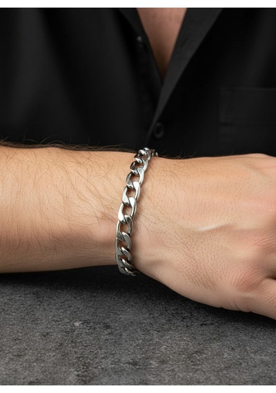 Erkek Gümüş Metal Kalın Gurmet Zincir Bileklik