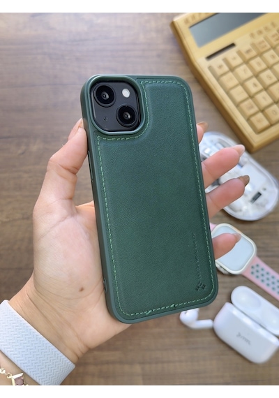 Apple iPhone 14 Uyumlu Premium Deri Dokulu Darbelere Karşı Dayanıklı Nazal Silikon Kılıf Haki