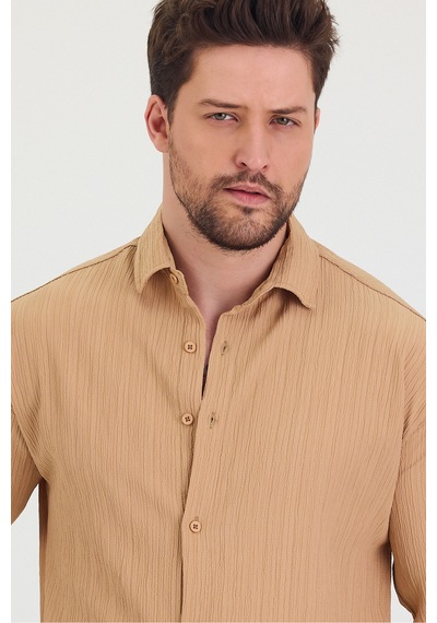 Cool Tarz Erkek Kendinden Çizgi Detaylı Slim Fit Dar Kalıp Uzun Kol Gömlek Krem Krem