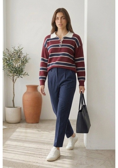 Unika Boutique Kadın Polo Yaka Çizgili Triko Kazak Çok Renkli