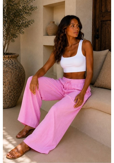 Hira Life Fashion Kadın Kumaşı Kabartma Detaylı Bol Paça Ve Önü Bağcıklı Salaş Burgu Şık Pantolon Pembe Pembe Hira Life Fashion Kadın Kumaşı Kabartma Detaylı Bol Paça Ve Önü Bağcıklı Salaş Burgu Şık Pantolon Pembe Pembe