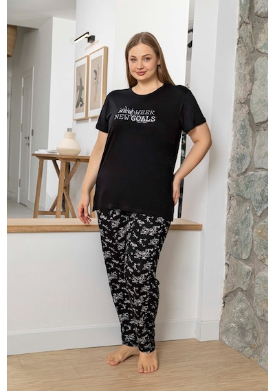 Aydoğan Kadın İnci Büyük Beden Kısa Kol Siyah Pijama Takım 0056 Siyah