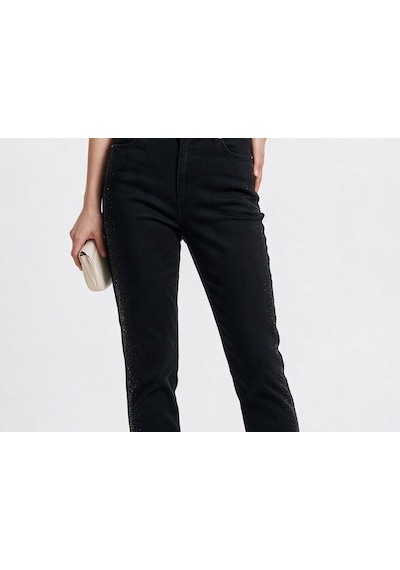 Seleste Kadın Yüksek Bel Taş İşlemeli Düz Paça Denim Pantolon Siyah