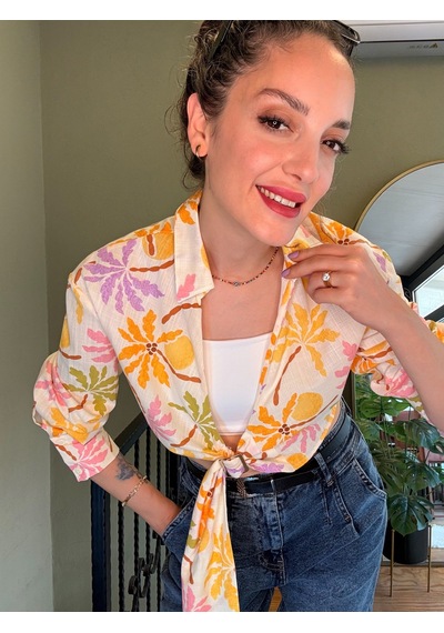 Ali Butik Desenli Önü Açık Crop Keten Gömlek