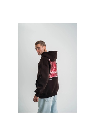 Erkek Nakışlı Kapüşonlu Oversize 3 İplik Pamuklu Sweatshirt Hoodie - Siyah Kahve