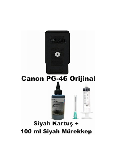 Canon Pixma E414 / Pg-46 Siyah Tıpalı Dolabilen Kartuş+100 Ml Mürekkep+şırınga