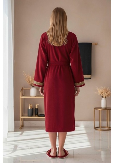 Premium %100 Pamuk Unisex Şalyaka Cepli Bornoz Seti 4 Parça Havlu Terlik Takımı Kırmızı Kırmızı