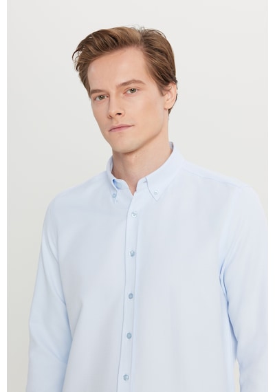 Altınyıldız Classıcs Erkek Acık Mavı Pamuklu Tailored Slim Fit Dar Kesim Düğmeli Yaka Armürlü Gömlek