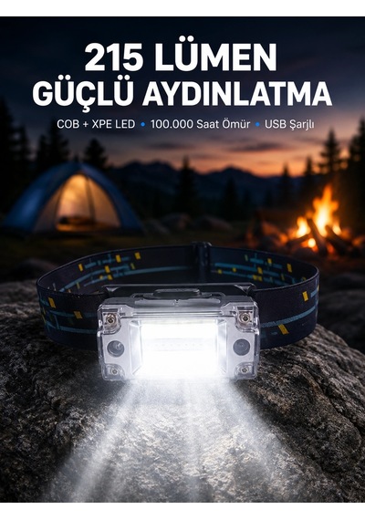 Şarj Edilebilir Led Kafa Feneri 215 Lümen Xpe Cob Güçlü Aydınlatma Çok Renkli 76653499