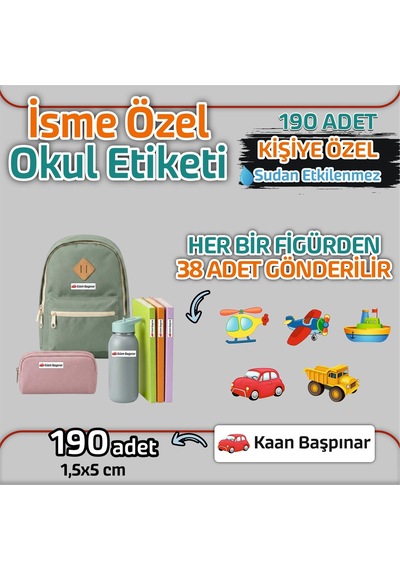 Okul Etiketi Isme Özel Kalem Defter Etiketi Araç Temalı -190 Adet Çok Renkli