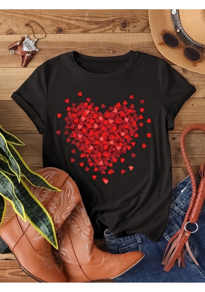 Uyguntarz Unisex Karışık Kalpler Baskılı Tasarım Tshirt Siyah