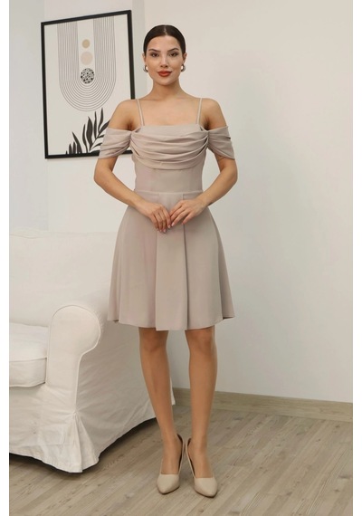 Lodmela Drape Detaylı Askılı Midi Elbise 2380-bej Bej