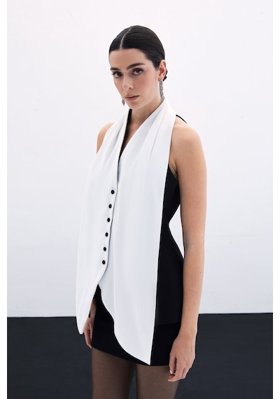 Sateen Şal Detaylı Yelek - Siyah-135850 Siyah