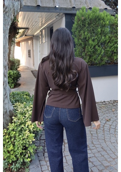 Kechi Woman Krep Kumaş Kruvaze Kemerli Kimono Bluz Kahverengi