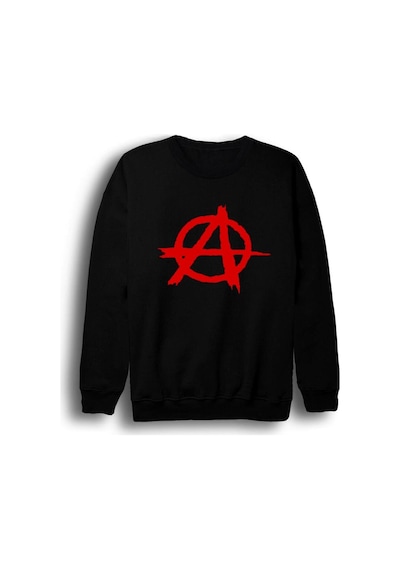Anarchy Baskılı Bisiklet Yaka Sweatshirt Siyah