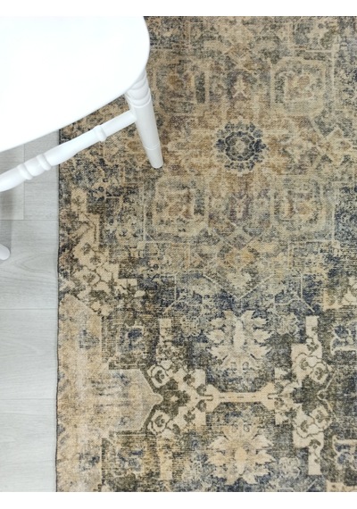 Eskitme Madalyon Desenli Hardal Ve Lacivert Vintage Salon Halısı - 4113ou