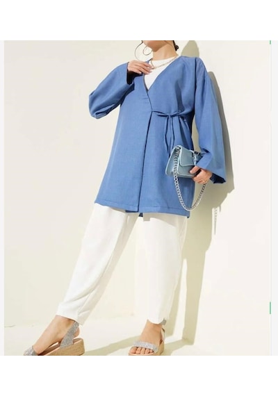 Lovie Moda Kadın Yan Bağcıklı Kimono Mavi