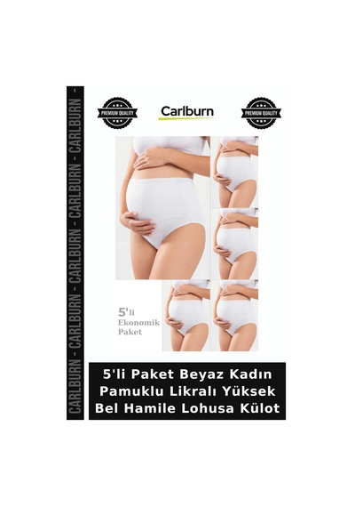 Carlburn 5'li Paket Beyaz Kadın Pamuklu Likralı Yüksek Bel Hamile Lohusa Külot Slip Temel Giyim Hediyelik