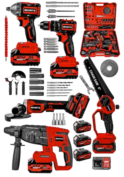 Schatz 21v Darbeli Kömürsüz 5'li Set Kırıcı Delici Hilti - Somun Sıkma Sökme - Testere - Matkap - Vidalama Kırmızı