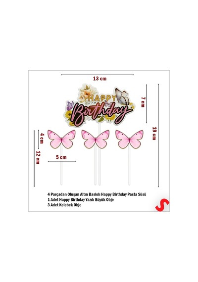 Kelebekli Happy Birthday Pasta Süsü 4 Lü Set - Pembe