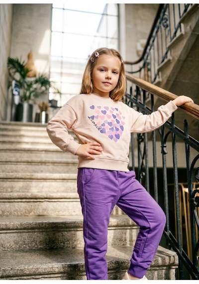 Kız Çocuk Kalp Baskılı Krem Sweatshirt Ve Mor Eşofman Altı 2'li Takım Çok Renkli