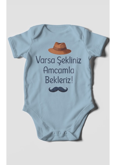 Morivokids Varsa Şekliniz Amcamla Bekleriz Kısa Kollu Bebek Body %100 Pamuk Bebe Mavisi