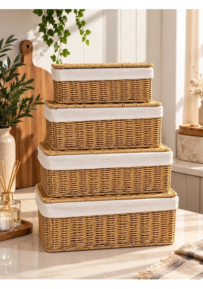 Qerhome 4'lü Kapaklı Hasır Kumaş Astarlı Rattan Organizer Sepet Trn603 Sarı