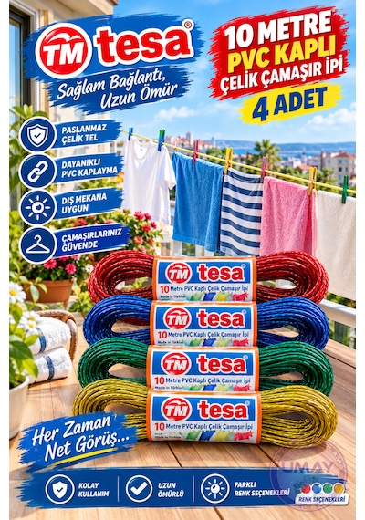 4 Adet 10 Metre Pvc Kaplı Çelik Çamaşır İpi Dayanıklı Çamaşır Asma Ve Kurutma İpi Karışık/Çok Renkli