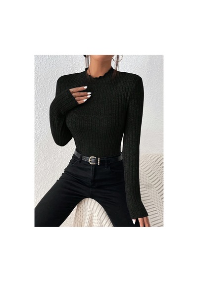 Moda Kadın Dik Yaka Uzun Kollu Esnek Yumuşak Dokulu Body Siyah Siyah