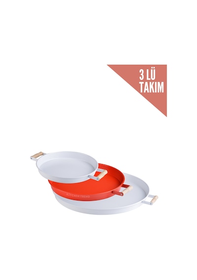 Kitchen Trend 3 Lü 45beyaz, 37kırmızı, 30beyaz Ahşap Kulplu Metal Tepsi Sunum Tepsi Seti