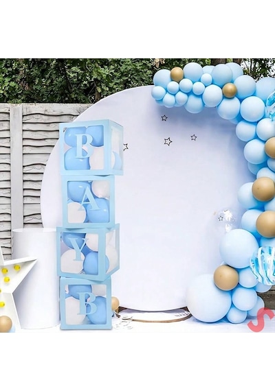 Baby Yazılı Şeffaf Balon Kutusu, 30cm X 4 Adetli Set - Mavi