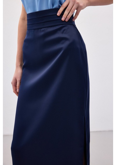 Sateen Bel Pile Detaylı Saten Etek - Lacivert-136551 Lacivert